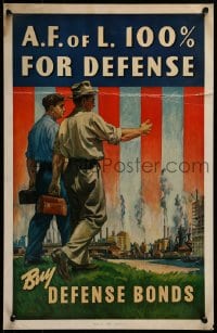 7g008 A.F. OF L. 100% FOR DEFENSE 14x22 WWII war poster 1940s cool art of workers by factories!