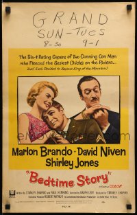 7g177 BEDTIME STORY WC 1964 great image of Marlon Brando, David Niven & Shirley Jones!