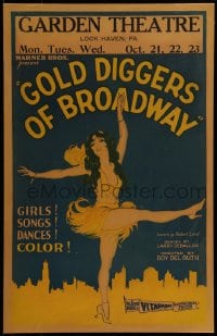 7g205 GOLD DIGGERS OF BROADWAY WC 1929 art of sexy showgirl dancing over New York City skyline!