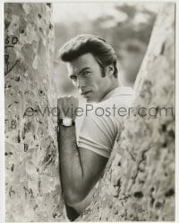 7h305 CLINT EASTWOOD 6.5x8.25 still 1960s youthful c/u posing outdoors with arm in crook of tree!