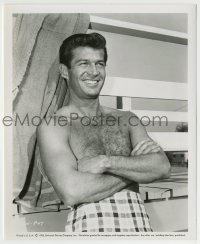 7h432 GEORGE NADER 8x10 still 1955 great barechested smiling portrait at the beach!