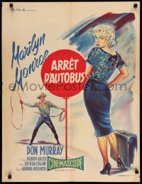 7j199 BUS STOP French 23x30 R1960s Geleng art of cowboy Don Murray w/lasso & sexy Marilyn Monroe!