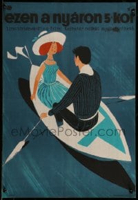 7j271 THIS SUMMER AT 5 Hungarian 16x23 1966 art of man and woman in boat by Gabriella Hajnal!