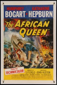 7k004 AFRICAN QUEEN linen 1sh 1952 colorful montage artwork of Humphrey Bogart & Katharine Hepburn!