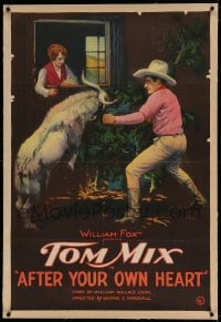 7k005 AFTER YOUR OWN HEART linen 1sh 1921 art of Tom Mix stopping goat trampling woman's bushes!