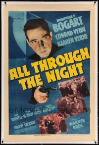 7k007 ALL THROUGH THE NIGHT linen 1sh 1942 great c/u of tough Humphrey Bogart pointing gun, rare!