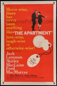 7k011 APARTMENT linen 1sh 1960 Billy Wilder, Jack Lemmon, Shirley MacLaine, cool key-in-lock art!