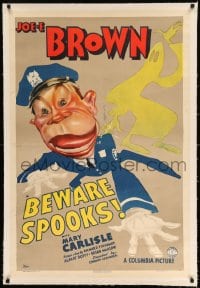 7k020 BEWARE SPOOKS linen 1sh 1939 wonderful art of scared cop Joe E. Brown running from ghost!