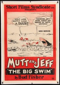 7k023 BIG SWIM linen 1sh 1926 art of Bud Fisher's Mutt & Jeff swimming away from shark, ultra rare!