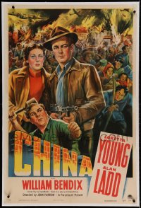 7k041 CHINA linen 1sh 1943 cool artwork of Loretta Young, Alan Ladd & Bendix in World War II riot!