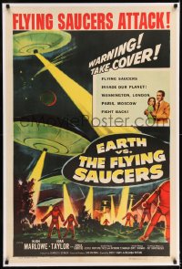 7k057 EARTH VS. THE FLYING SAUCERS linen 1sh 1956 sci-fi classic, art of UFOs & aliens invading!