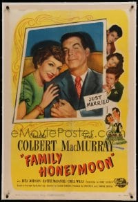 7k058 FAMILY HONEYMOON linen 1sh 1948 art & photo of newlyweds Claudette Colbert & Fred MacMurray!