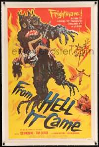 7k070 FROM HELL IT CAME linen 1sh 1957 classic artwork of wacky tree monster holding sexy girl!