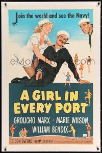 7k076 GIRL IN EVERY PORT linen 1sh 1952 art of wacky Navy sailor Groucho Marx & sexy Marie Wilson!