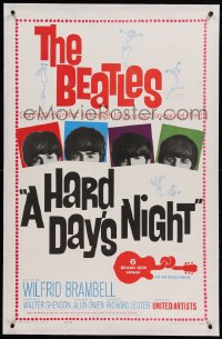 7k083 HARD DAY'S NIGHT linen 1sh 1964 The Beatles in their first film, rock & roll classic!