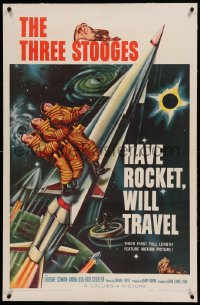 7k084 HAVE ROCKET WILL TRAVEL linen 1sh 1959 wonderful sci-fi art of The Three Stooges in space!