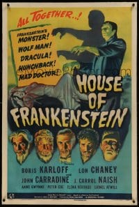 7k092 HOUSE OF FRANKENSTEIN linen 1sh 1944 Boris Karloff & all top monster stars in make-up, rare!