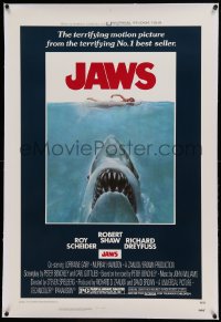 7k104 JAWS linen 1sh 1975 art of Steven Spielberg's classic man-eating shark attacking sexy swimmer!