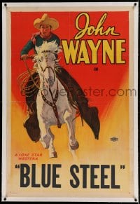 7k105 JOHN WAYNE linen 1sh 1934 wonderful full-length stone litho of him riding his horse,Blue Steel