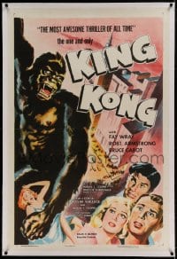 7k111 KING KONG linen 1sh R1956 different art of him carrying Fay Wray on Empire State Building!