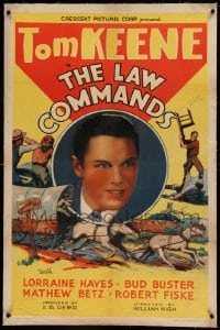 7k114 LAW COMMANDS linen 1sh 1937 cool western artwork montage of cowboy hero Tom Keene!