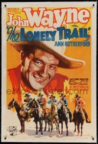 7k120 LONELY TRAIL linen 1sh 1936 best huge headshot art of cowboy John Wayne & men on horses!