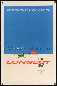 7k123 LONGEST DAY linen 1sh 1962 World War II all-star cast, setting sun & huge blue sky art!