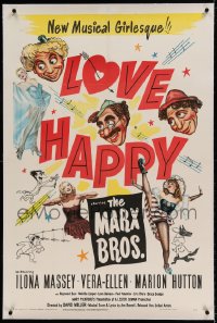 7k126 LOVE HAPPY linen 1sh 1949 great art of The Marx Brothers & sexy girls, but no Marilyn Monroe!