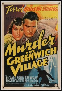 7k151 MURDER IN GREENWICH VILLAGE linen 1sh 1937 art of Arlen & Fay Wray, terror stalks the studios!