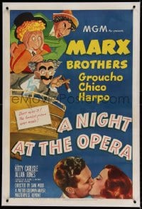7k157 NIGHT AT THE OPERA linen 1sh R1948 Hirschfeld art of Groucho Marx, Chico Marx, Harpo Marx!