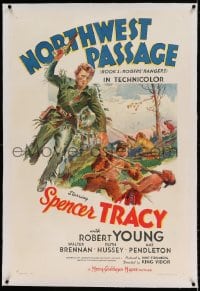 7k160 NORTHWEST PASSAGE linen style C 1sh 1940 stone litho of Spencer Tracy & Robert Young, Vidor!