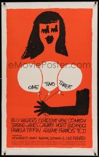 7k169 ONE, TWO, THREE linen 1sh 1962 Billy Wilder, wonderful Saul Bass art of girl with balloons!