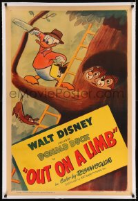 7k171 OUT ON A LIMB linen 1sh 1950 Disney, art of Donald Duck destroying Chip & Dale's tree home!