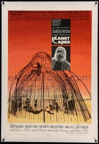 7k177 PLANET OF THE APES linen 1sh 1968 Charlton Heston, classic sci-fi, cool art of caged humans!