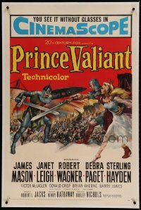 7k180 PRINCE VALIANT linen 1sh 1954 artwork of Robert Wagner in armor saving sexy Janet Leigh!