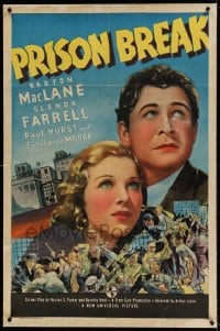 7k181 PRISON BREAK linen 1sh 1938 artwork of Barton MacLane & Glenda Farrell above prison riot!