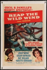 7k188 REAP THE WILD WIND linen 1sh R1954 John Wayne, Susan Hayward, cool scuba diver & octopus art!