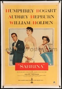 7k201 SABRINA linen 1sh 1954 Audrey Hepburn between Humphrey Bogart & William Holden, Billy Wilder!
