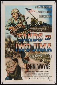 7k202 SANDS OF IWO JIMA linen style B 1sh 1950 great art of World War II Marine John Wayne, rare!