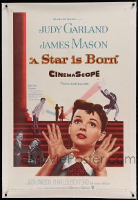 7k222 STAR IS BORN linen 1sh 1954 great close up art of Judy Garland, James Mason, classic!