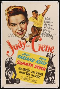 7k227 SUMMER STOCK linen 1sh 1950 giant headshot of Judy Garland & Gene Kelly dancing in mid-air!