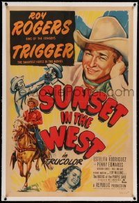 7k230 SUNSET IN THE WEST linen 1sh 1950 great artwork of Roy Rogers King of the Cowboys & Trigger!