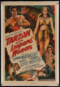 7k233 TARZAN & THE LEOPARD WOMAN linen 1sh 1946 art of Johnny Weissmuller, Acquanetta & Sheffield!
