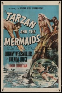 7k234 TARZAN & THE MERMAIDS linen 1sh 1948 art of Johnny Weissmuller diving & battling octopus!