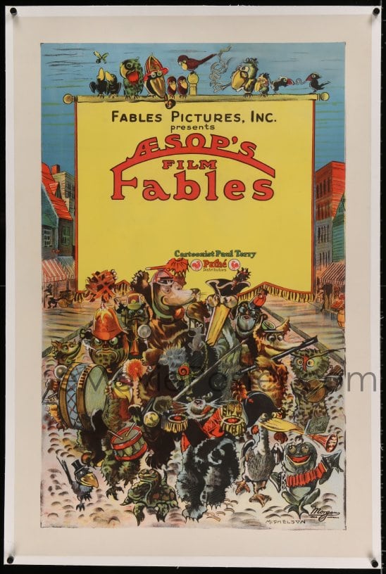 : 7k003 AESOP'S FABLES linen 1sh 1920s Paul Terry,  Michelson art of cartoon animal marching band, rare