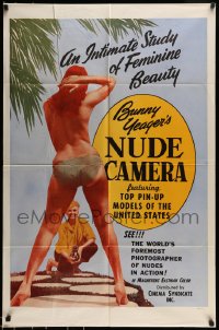 7m105 BUNNY YEAGER'S NUDE CAMERA 1sh 1964 Barry Mahon, image of Yeager photographing topless girl!