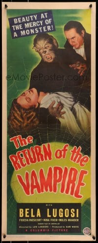 7m195 RETURN OF THE VAMPIRE insert 1944 Bela Lugosi behind werewolf holding pretty girl, rare!