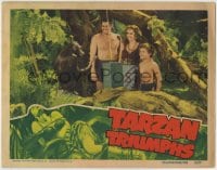 7m081 TARZAN TRIUMPHS LC 1943 Johnny Weissmuller, Sheffield & Frances Gifford laugh at chimpanzee!