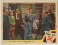 7m088 THIN MAN GOES HOME LC #6 1944 William Powell demonstrates machine gun to room of suspects!