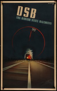7m214 DSB 24x39 Danish travel poster 1937 Aage Rasmussen art of train on tracks, English language!